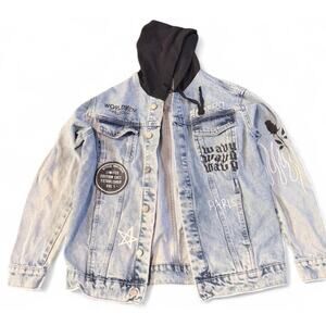 boohoo Hooded Graphic Print Denim Jacket Light Blue US Worldwide Collection